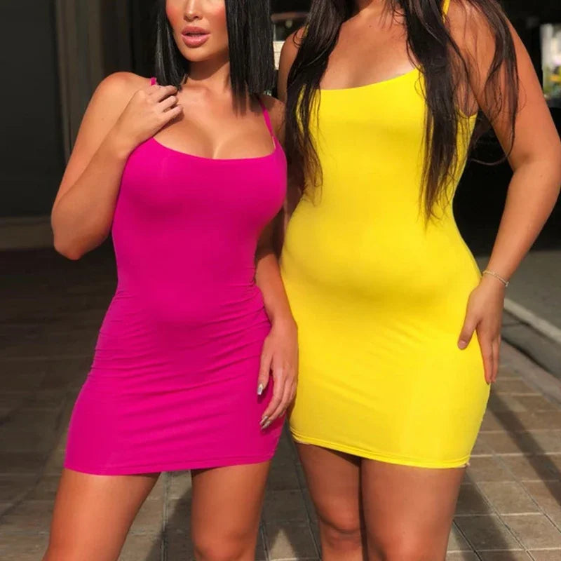 Summer Spaghetti Strap Mini Bodycon Dress Women Club Party Sundress Solid Black