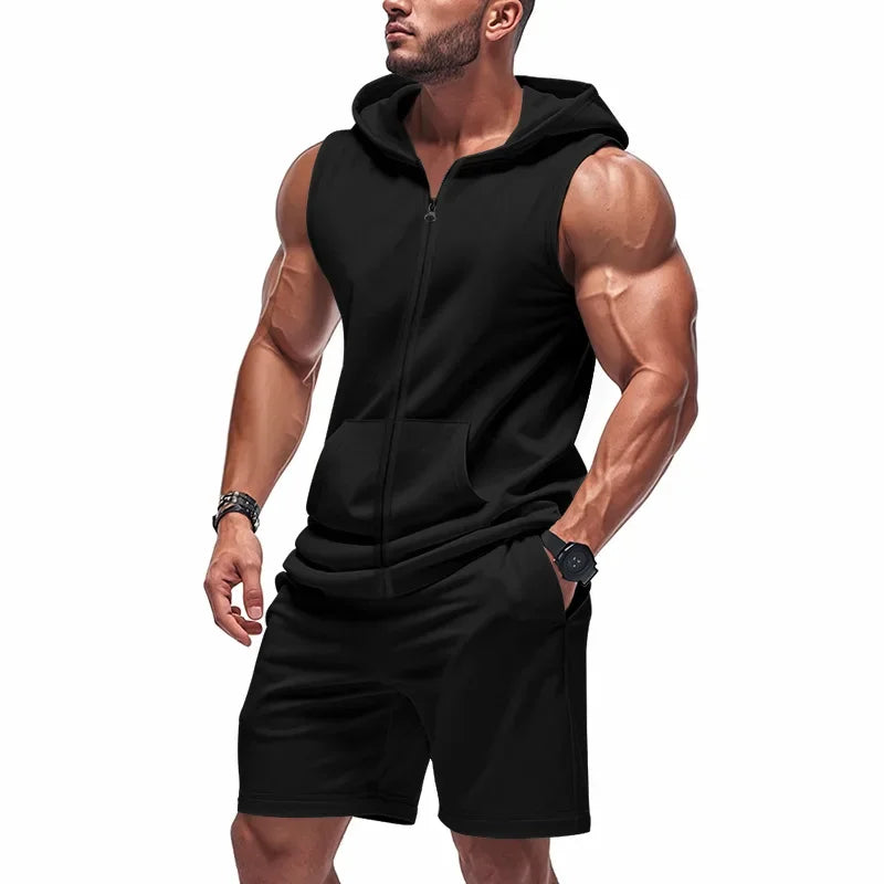 Cross Border  Summer American Men's Fitness Zip-up Hooded Loose Breathable Feature Waistcoat Shorts Tracksuit