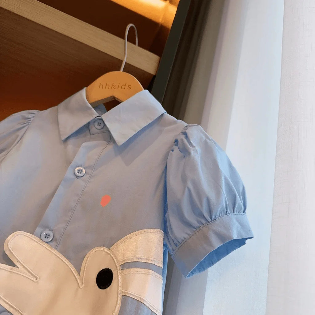 New Arrivals Girls' Dress Summer Fashion Kids' Turn-down Collar Puff Sleeve Dress Cute Rabbit Cotton Princess Dress Casual Style