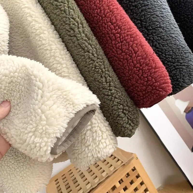 Autumn Winter Men Lamb Wool Jackets Women Fleece Stand Neck Jacket Couple Zipper Loose Warm Coat Male Solid Color Parkas Jacket