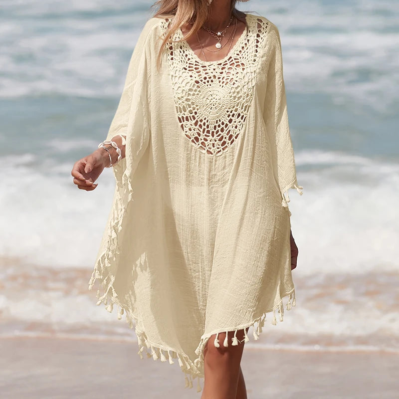 Women's Handmade Crochet Splicing Swimsuit Cover-Ups With Tassel Summer Holiday Beach Casual Loose Sunscreen Short Dress