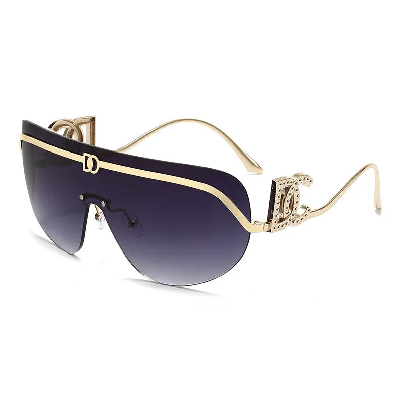 2026 Luxury Women Rimless Shield Aviator Sunglasses Gold Metal Frame Letter Accent Shades UV400 Eyewear for Women Lentes De Sol