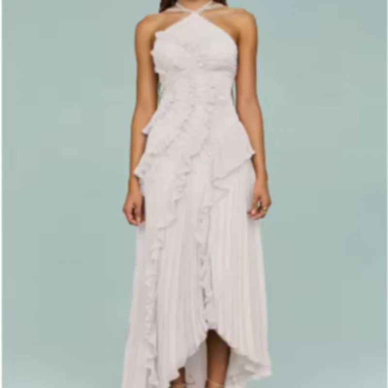 Gown Neck Strap Irregular Long Dress For Women Ruffle High Waist Backless Dress