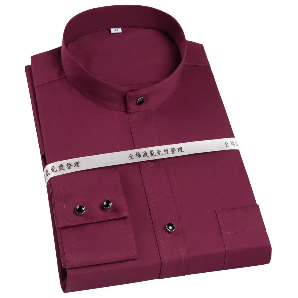 Men's Banded Collar Long Sleeve Solid Dress Shirts Single Patch Pocket Standard-fit Formal Business Casual Blouse Cotton Shirt