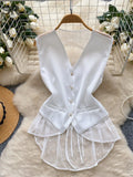 SINGREINY Backless Sexy Tank Vest Sleeveless Single Breasted V Neck Spliced Lace Skinny Sheer Irregular Summer Women Design Tops