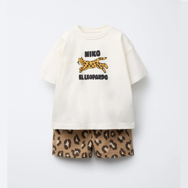 Animal Printed Boys Short Sleeved Suit Summer Clothing New Style Fashion Cartoon T-shirt + Shorts Two Piece Set Children's Wear