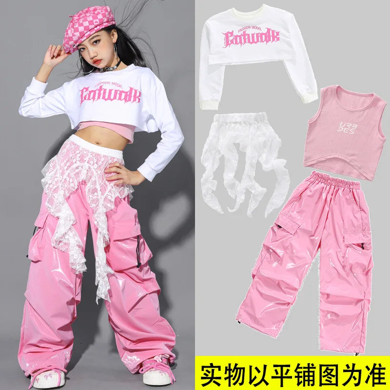 Jazz Dance Clothes For Girls Kpop Outfit Hip Hop Performance Wear Pink Shuffle Pants Kid Street Dance Show Fashion Suit