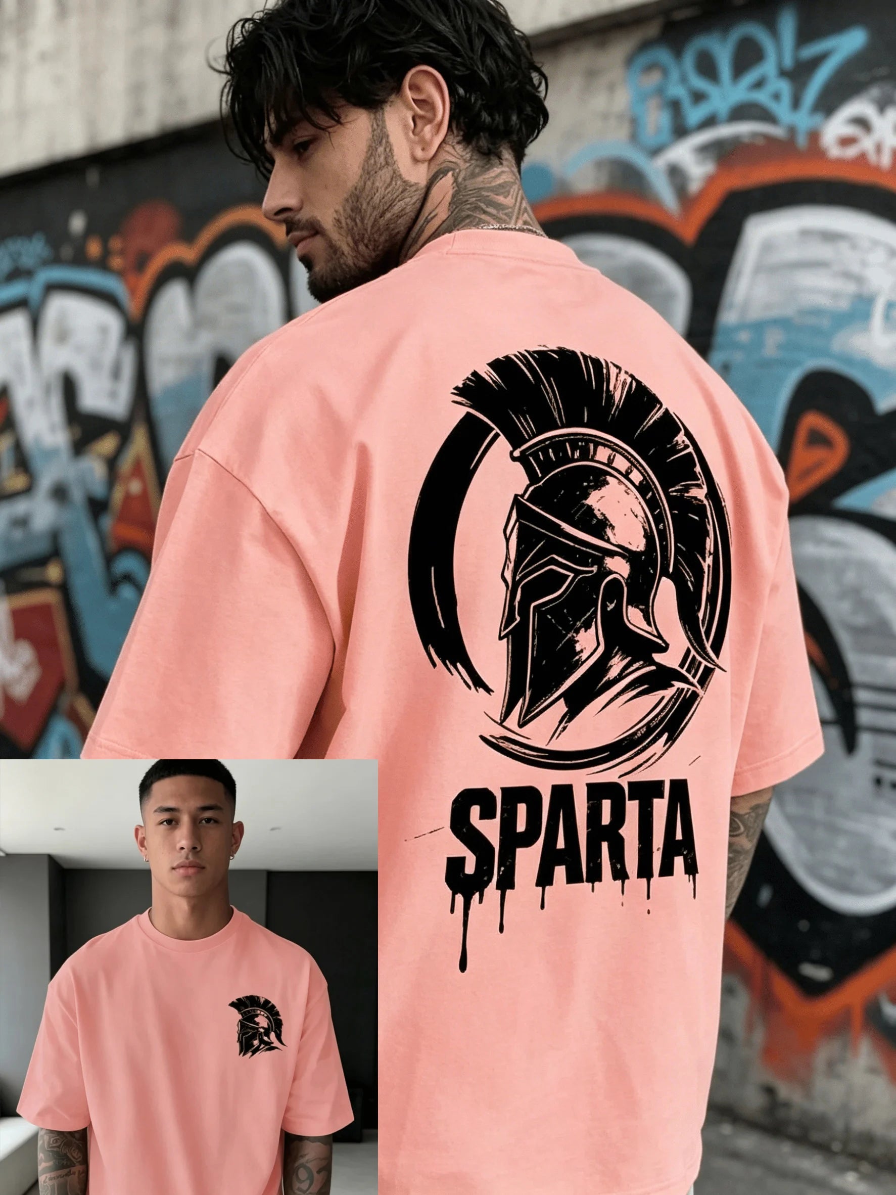 Men's Summer 100% Cotton Fashion Casual Street Spartan Knight Helmet Pattern Printed Loose Round Neck Short Sleeve T-shirt Top