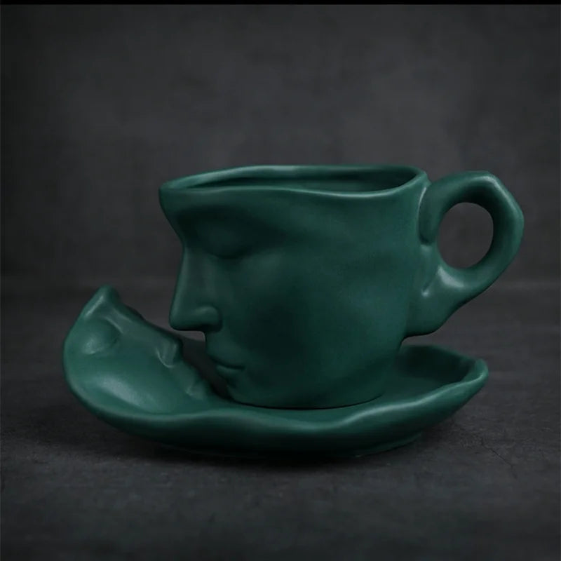 NEW Thingking Cup Mug Creative Coffee Cup and Saucer Set Ceramic Face Model Coffee Mug Kitchen Bar Supplies Coffeeware Set 2023