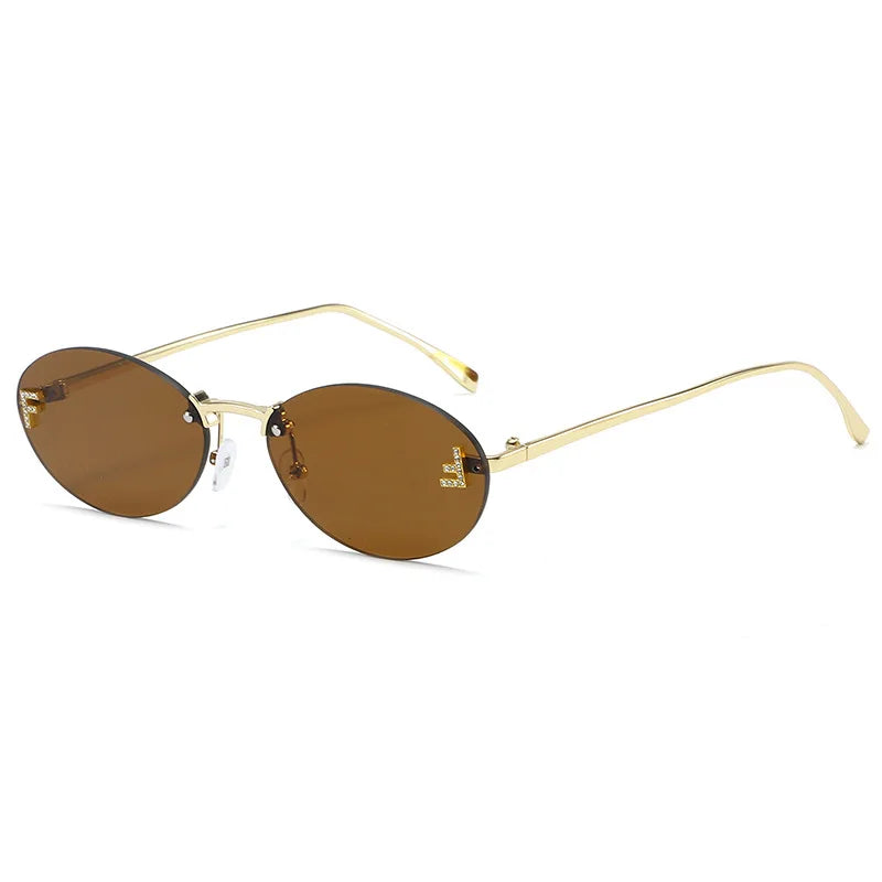 Fashion Oval Frameless Sunglasses Women Sparkling Rhinestone F Design Luxury Sun Glasses Girls shopping travelling eyeglasses