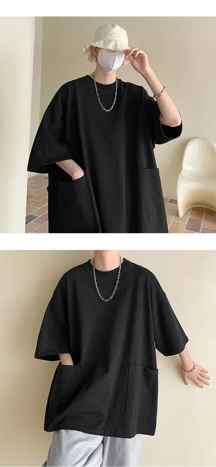 Men's Pocket Patchwork O-Neck Solid Short Sleeve T-Shirts Loose Fashion Summer New Plus Size Basic Tops Trend Casual Men Clothes