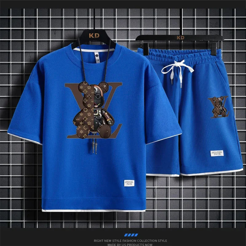 Summer new men's short-sleeved set, a fashionable outdoor casual men's short-sleeved T-shirt and sports shorts 2-piece set