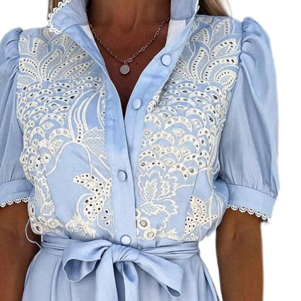 Lace-up Women Shirt Dress 2024 Summer Elegant Single Breasted Puff Sleeve Maxi Dress Vestidos Bohemian Sundress Party Robe