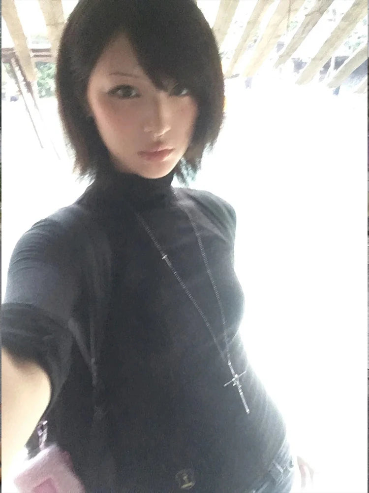 Tonngirls Y2k Japanese T-shirt Women Long Sleeve Black Half Turtleneck Tee Tops Vintage Classic Style Slim Basic Tops Streetwear