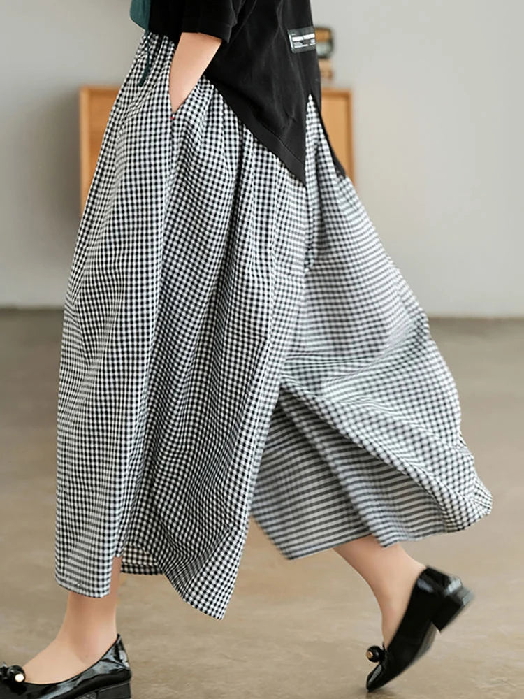 2024 Spring Elegant Woman Dress Plaid Pants Thin Cotton Linen Wide Leg Trousers Women High Waist Baggy Jogger Pants Sweatpants