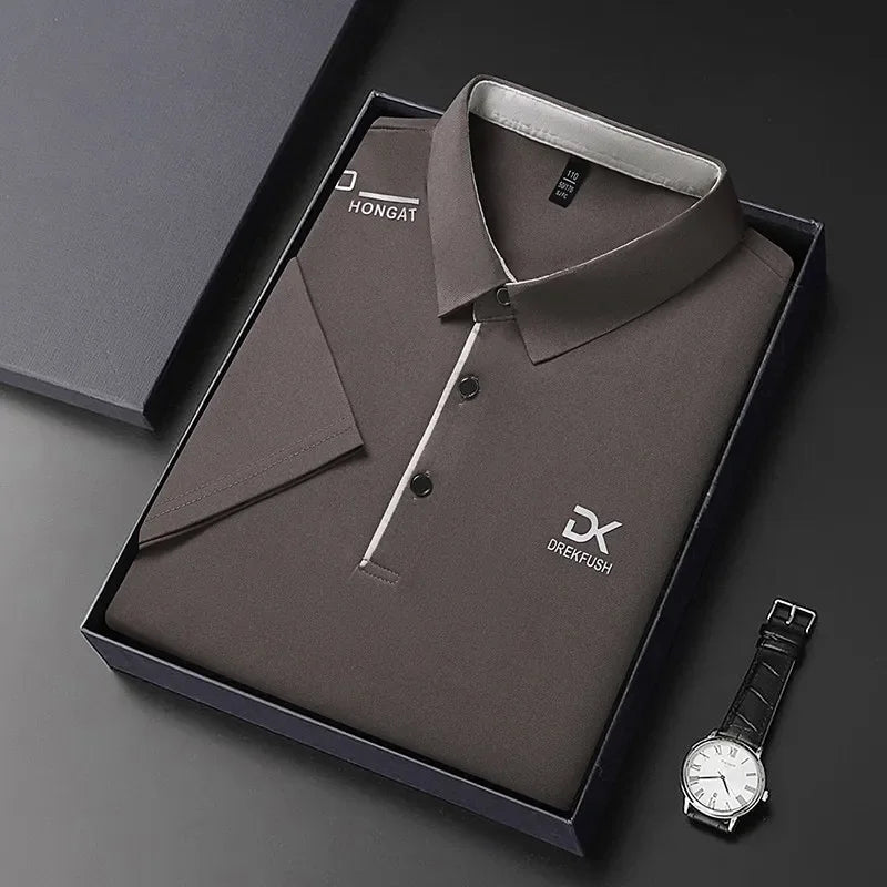 Men's Business Casual Short Sleeve Polo Shirt Solid Color with Badge Fashionable Breathable Comfortable Versatile Business Top