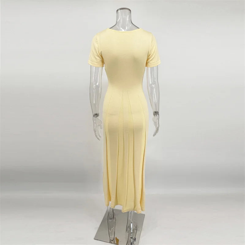 Ribbed Knit Maxi Dress for Women Deep V Neck High Slit Patchwork Party Dress