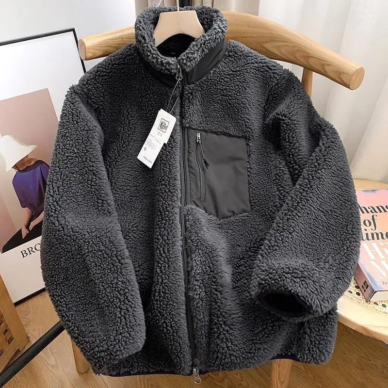 Autumn Winter Men Lamb Wool Jackets Women Fleece Stand Neck Jacket Couple Zipper Loose Warm Coat Male Solid Color Parkas Jacket