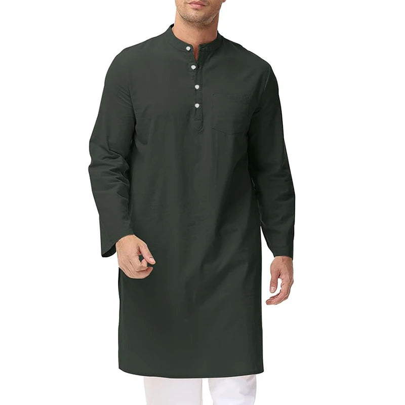 New Leisure Men Muslim Shirt Islamic Arabian Cotton Stand Collar Long Sleeve Blouse Pakistani High Quality Retro Long Tops S-3XL