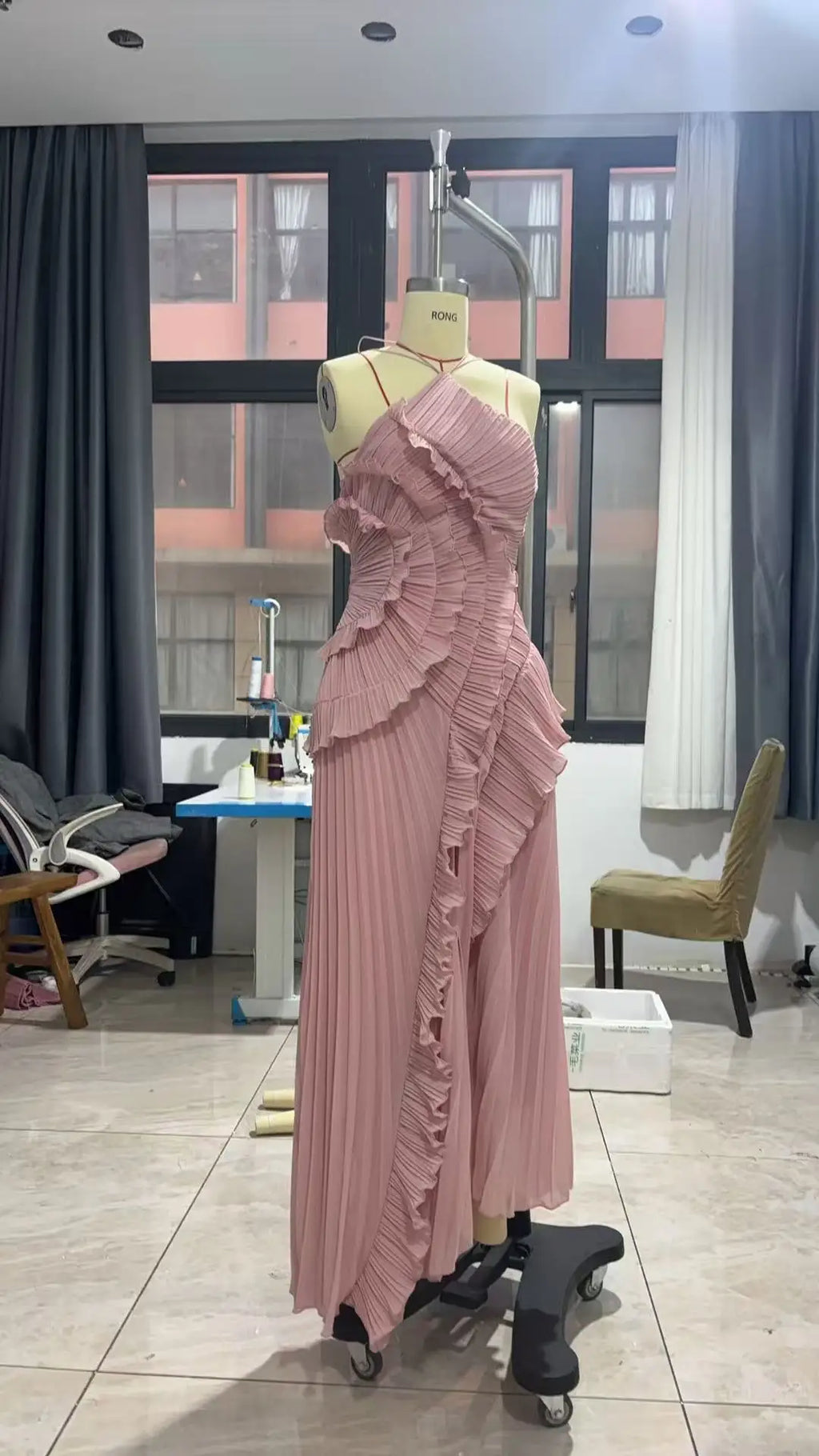 Gown Neck Strap Irregular Long Dress For Women Ruffle High Waist Backless Dress