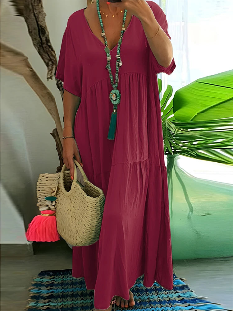 Plus Size Women's V Neck Pleated Solid Ankle Length Dress For Spring Summer