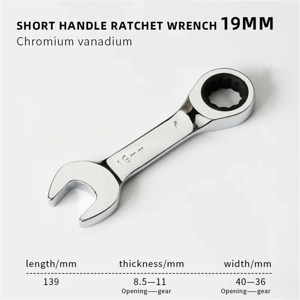 Short Handle Adjustable Head Ratchet Wrench Labor-Saving Dual-Purpose Auto Repair Hardware Tool For Nuts Bolts Fastening Work