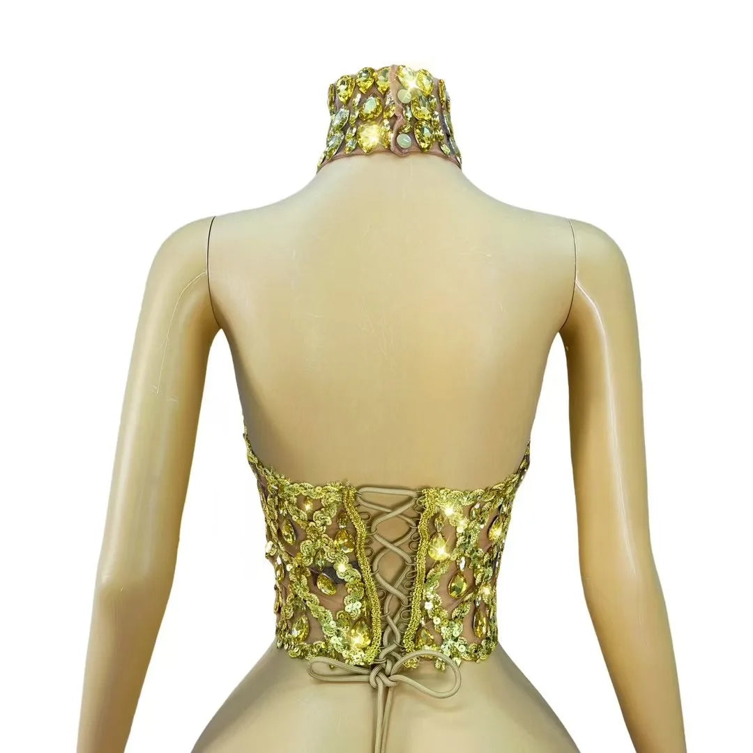 Sparkly Gold Rhinestone Mesh Tops Women Sexy See Through Evening Party Birthday Wear Nightclub Stage Performance Costume