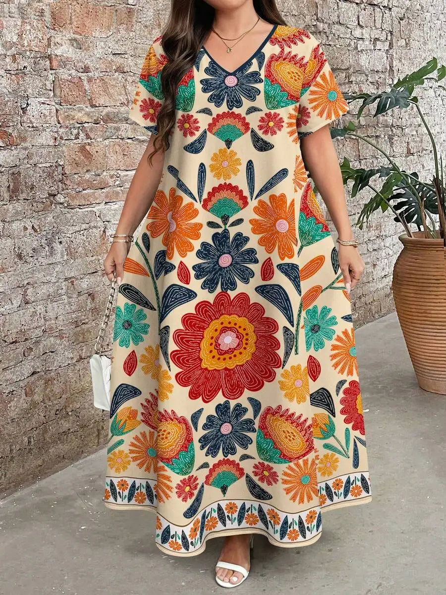 Boho Embroidered Maxi Dress V Neck Short Sleeve Loose Casual Summer Dress