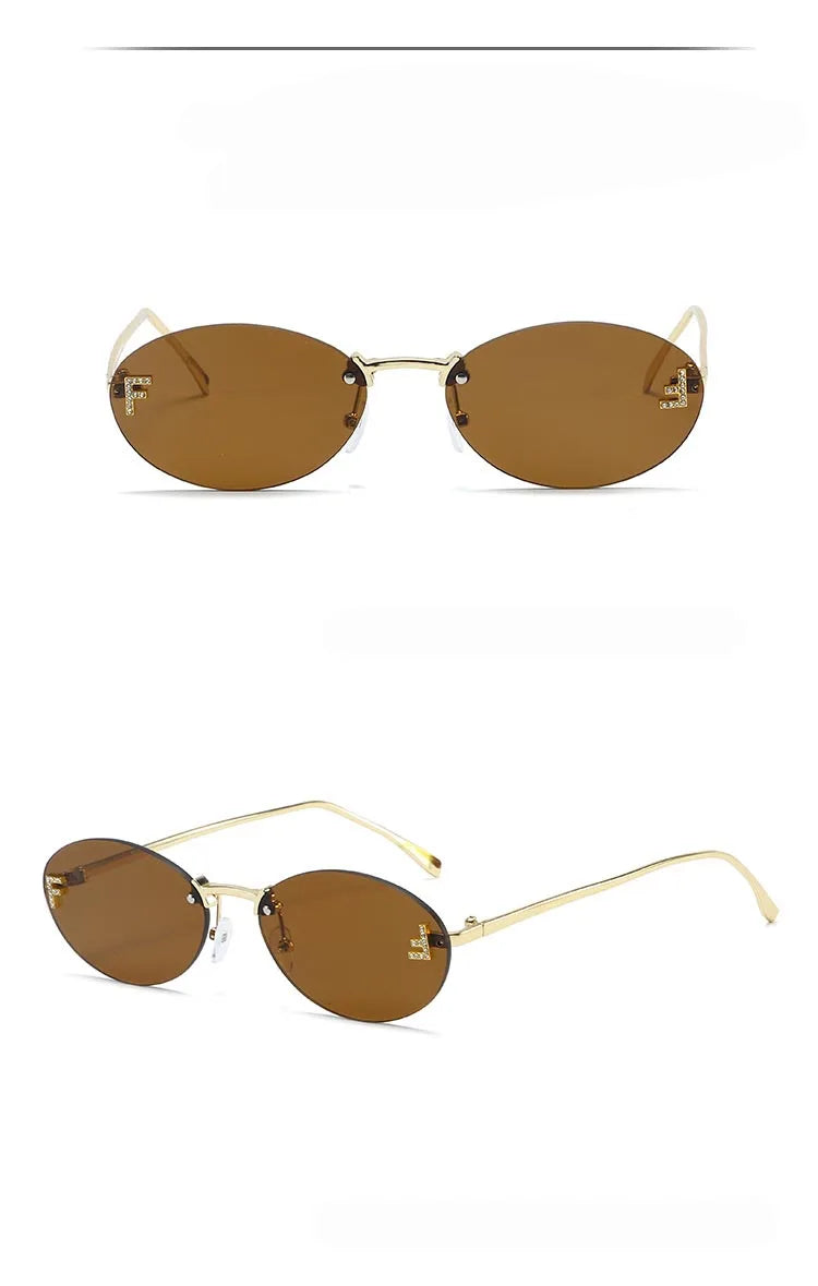 Fashion Oval Frameless Sunglasses Women Sparkling Rhinestone F Design Luxury Sun Glasses Girls shopping travelling eyeglasses