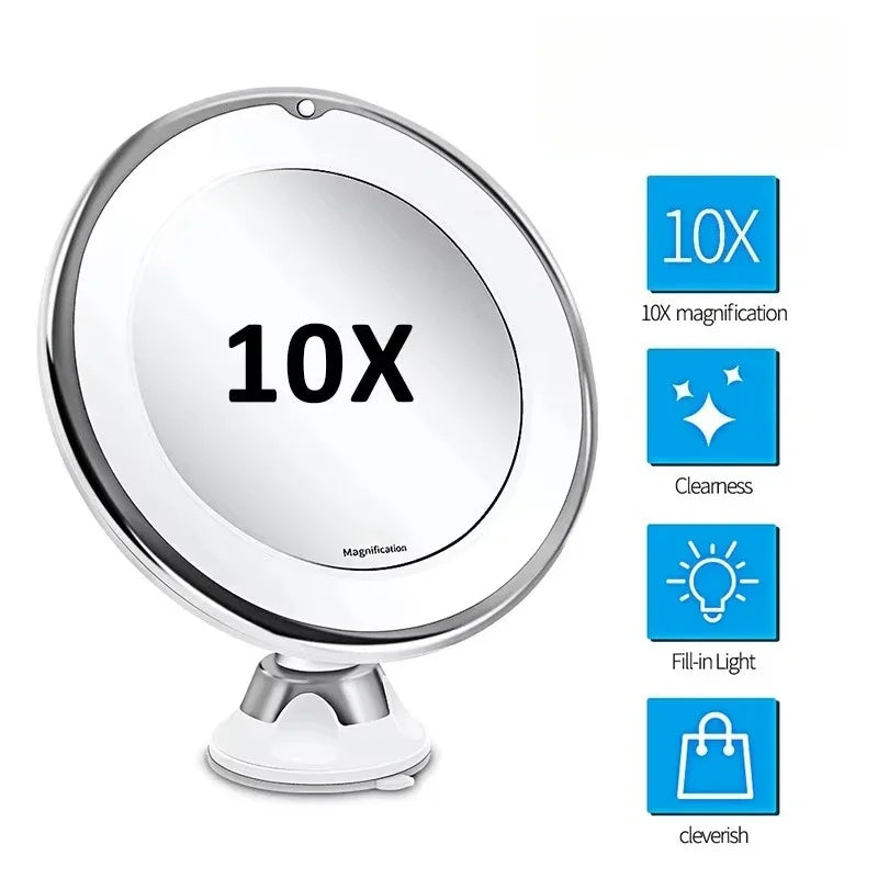 10x Magnifying Touch Screen Vanity Mirror LED Light Portable Makeup Dressing Lamp Flexible Bottom Sucker for Easy Placement