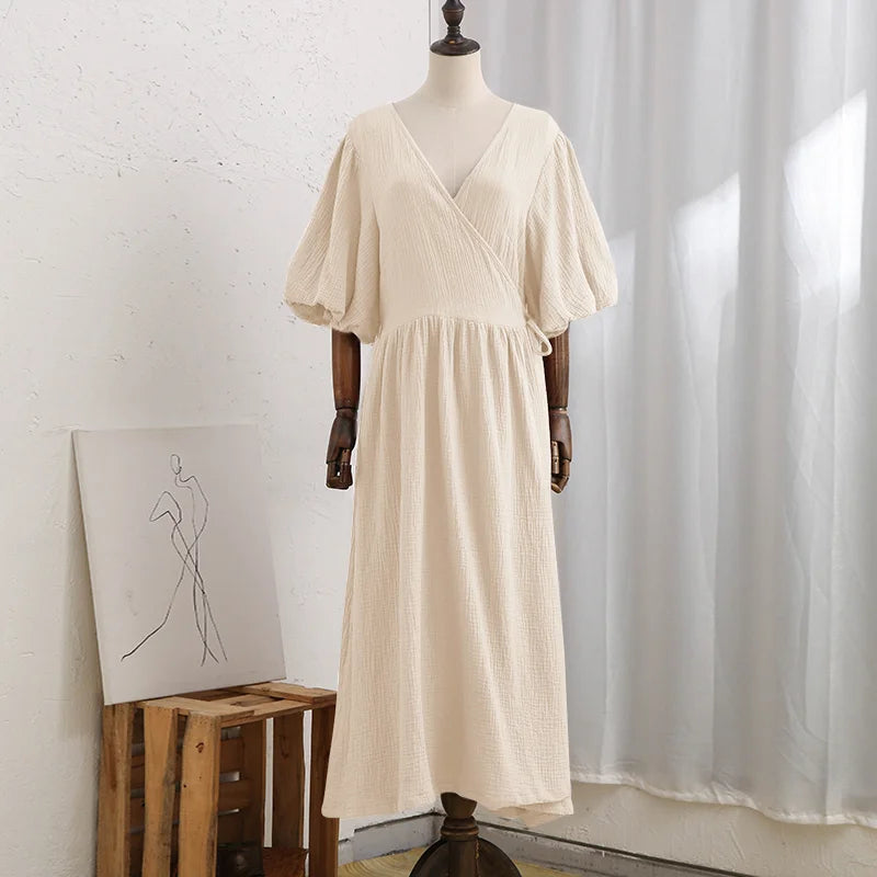Puff Sleeve Maxi Dress For Women Muslin Crepe Gauze V-Neck  Bandage Lace Elegant Long Birthday Party Dress