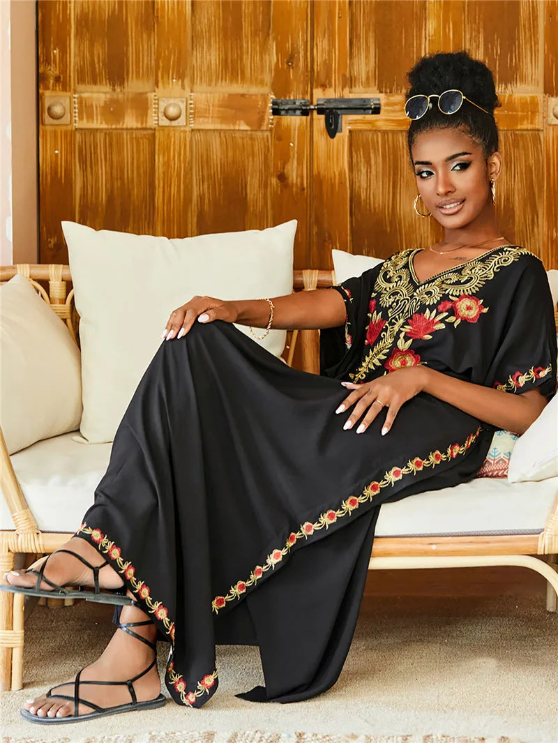 Women Plus Size Kaftan Dresses Loungewear Beach Embroidered Caftan Maxi Dress Floral Print Swimsuit Cover up Sundress