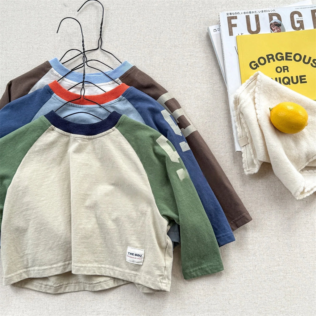 Kids Girls Top Shirts Clothes 2026 Korean autumn 1-6Y Boys Color Block Loose Fit Long Sleeve Tee Fashion Children Clothing