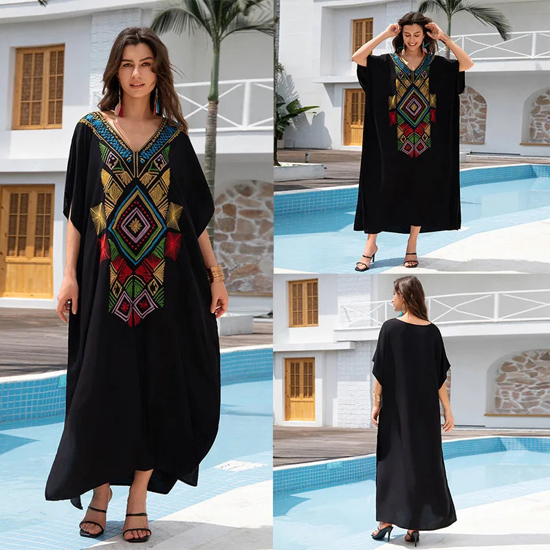 New Fashion European And American Cotton Embroidery Plus Size Long Dress Women's Beach Sun Protection Clothing Bikini Outerwear