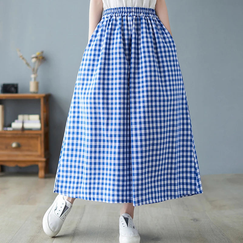 2024 Spring Elegant Woman Dress Plaid Pants Thin Cotton Linen Wide Leg Trousers Women High Waist Baggy Jogger Pants Sweatpants