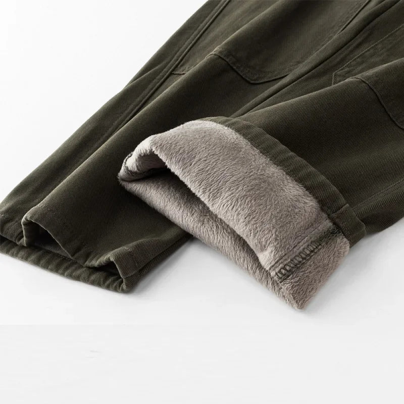 Men Pant Casual Straight Wide Leg Cargo Trouser Male Winter Fleece Lined Warm Cotton Loose Style Carpenter Streetwear