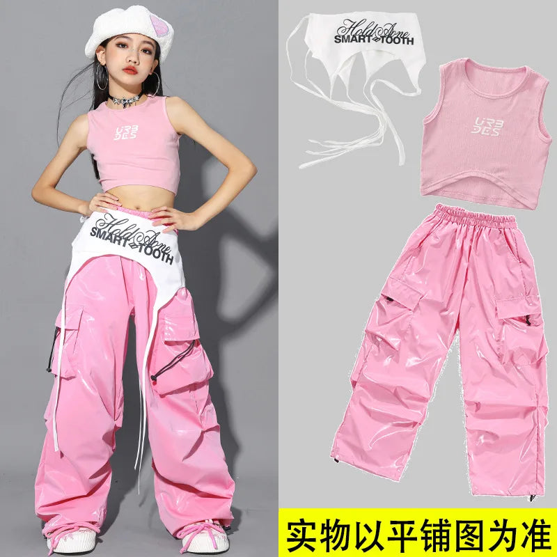 Jazz Dance Clothes For Girls Kpop Outfit Hip Hop Performance Wear Pink Shuffle Pants Kid Street Dance Show Fashion Suit