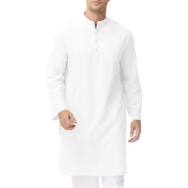 New Leisure Men Muslim Shirt Islamic Arabian Cotton Stand Collar Long Sleeve Blouse Pakistani High Quality Retro Long Tops S-3XL