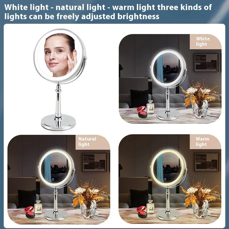 Round Double-sided Makeup Mirrors with Amplification Function 9-inch Desktop Mirror with LED Lamp Type-c Charging Mirror