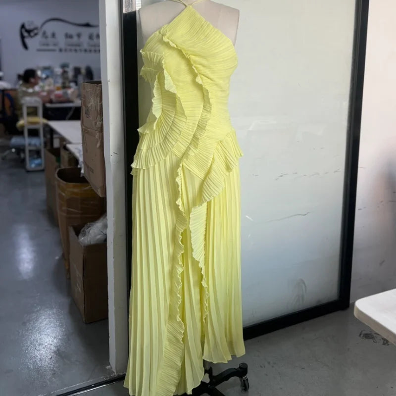 Gown Neck Strap Irregular Long Dress For Women Ruffle High Waist Backless Dress