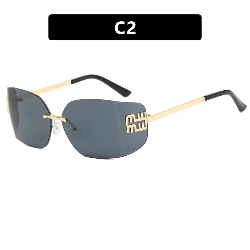 NEW Classic Sun Glasses Female Funky Metal Luxury Rimless Sunglasses Women BrandDesigner Rivets Rectangle Gradient Curved Shades