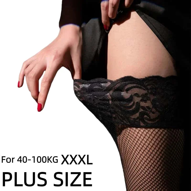 Sexy Black Lace Top Silicone Non-slip Fishnet Stockings for Oversize Women Plus Large Size Over Knee Thigh High Long Socks XXXXL