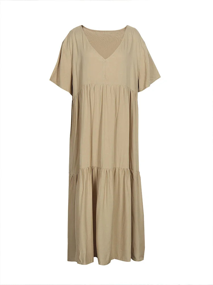 Plus Size Women's V Neck Pleated Solid Ankle Length Dress For Spring Summer