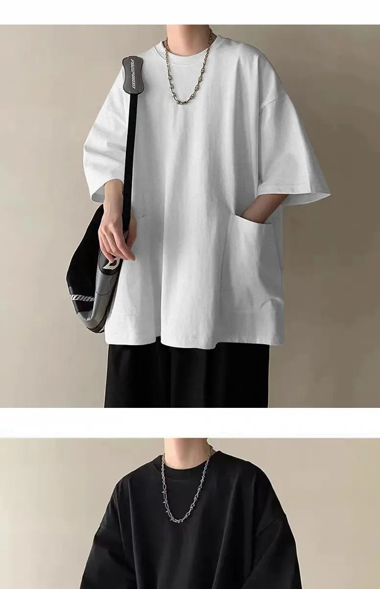 Men's Pocket Patchwork O-Neck Solid Short Sleeve T-Shirts Loose Fashion Summer New Plus Size Basic Tops Trend Casual Men Clothes