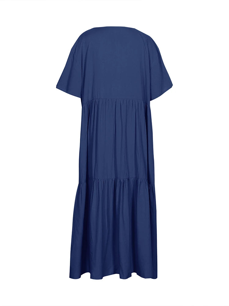 Plus Size Women's V Neck Pleated Solid Ankle Length Dress For Spring Summer