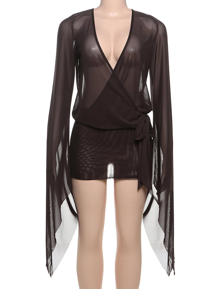 Kliou Mesh Irregular See Through Women Mini Dress Long Sleeve Deep Neck Bandage