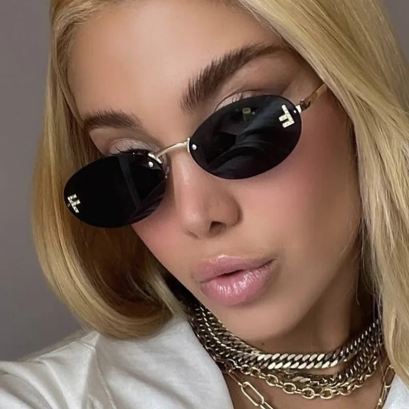 Fashion Oval Frameless Sunglasses Women Sparkling Rhinestone F Design Luxury Sun Glasses Girls shopping travelling eyeglasses