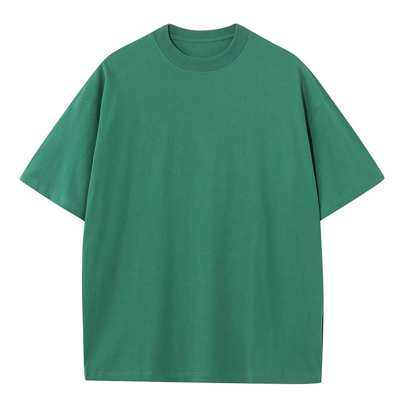 High Quality Oversized Heavy Tops T-shirt for Men Short Sleeve Tee Cotton Solid Color Trend Leisure Green White Black