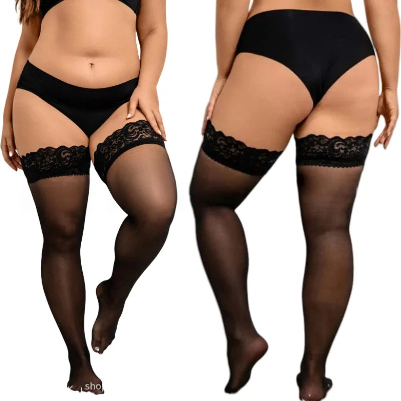 Sexy Black Lace Top Silicone Non-slip Fishnet Stockings for Oversize Women Plus Large Size Over Knee Thigh High Long Socks XXXXL