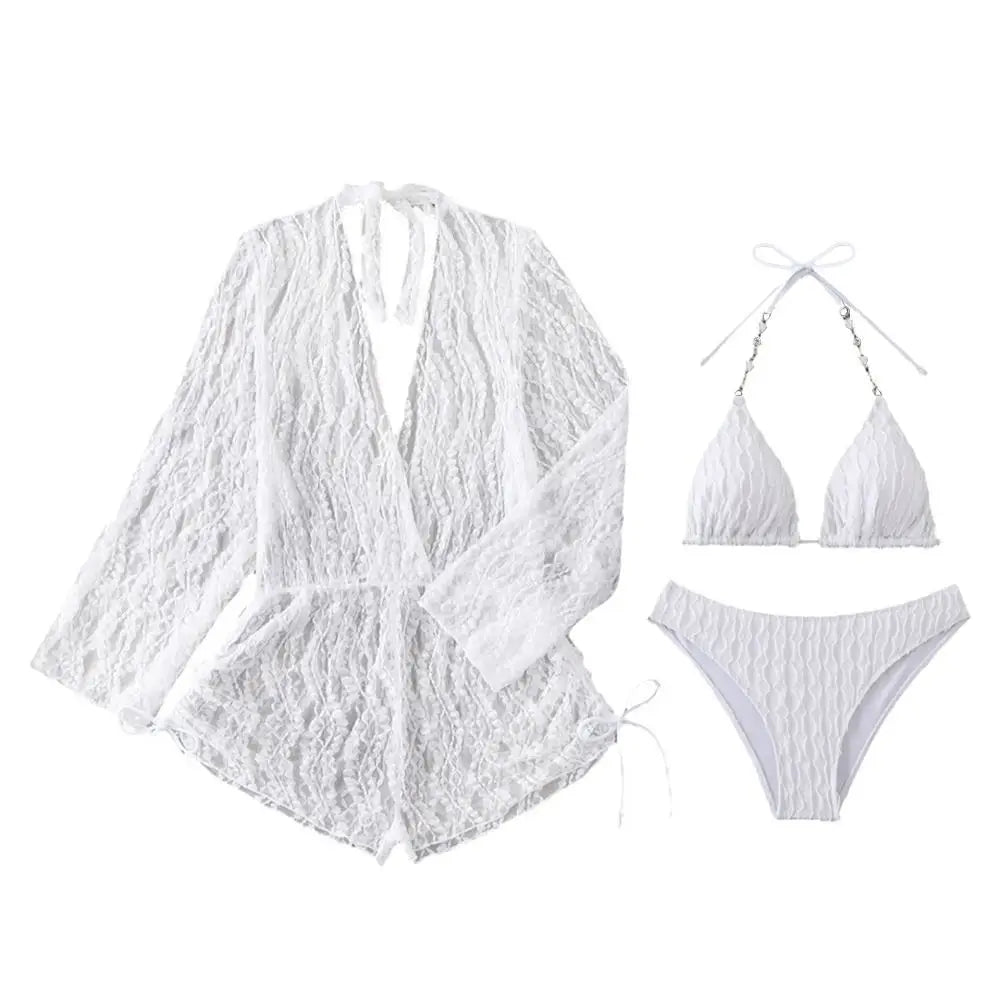 3Pcs/Set Fashion Summer Women Swimsuit Long-sleeve Mesh Cover Up Bikini Set Vacation Casual Beachwear for Beach